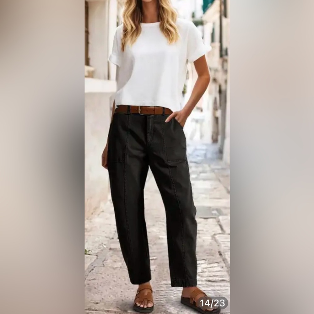 Flamingals Solid Stitch Detail Mid Waist Barrel Leg Crop Pants